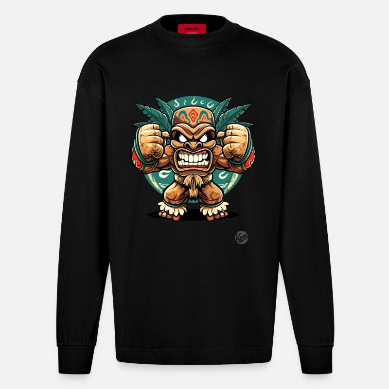 Wütender Maya-Aztekischer Dschungel-Tiki-Gott - Heavyweight Oversized Organic Langarmshirt Made in EU - SOLID BLACK