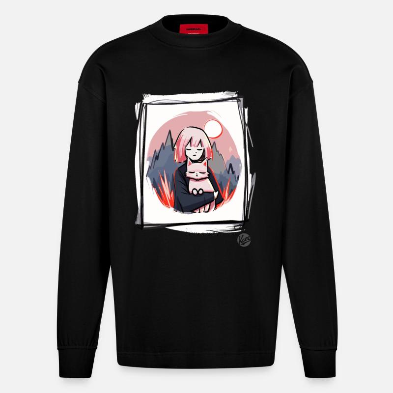 Mädchen mit Katze - Heavyweight Oversized Organic Langarmshirt Made in EU - SOLID BLACK