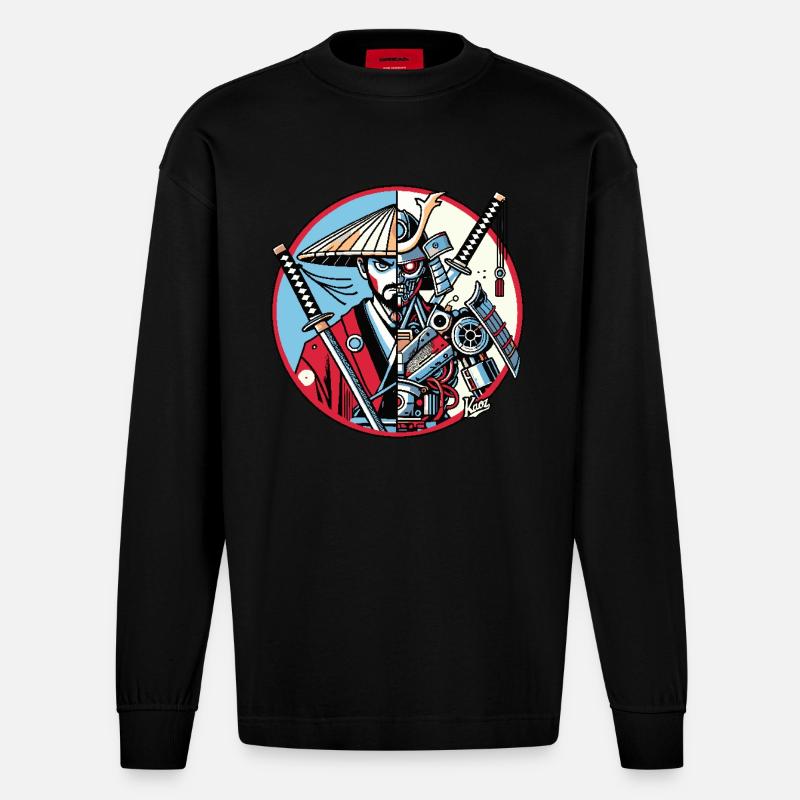 Samurai-Ronin oder Mecha-Shogun - Heavyweight Oversized Organic Langarmshirt Made in EU - SOLID BLACK