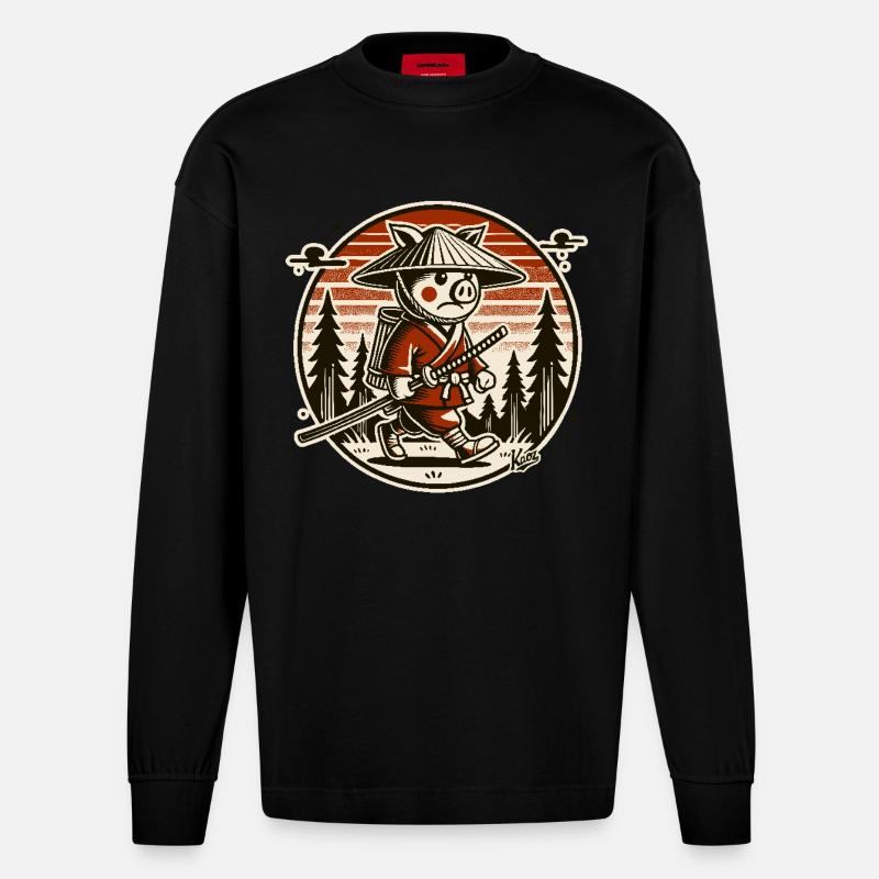 Samurai-Schwein Ronin auf Wanderschaft - Heavyweight Oversized Organic Langarmshirt Made in EU - SOLID BLACK