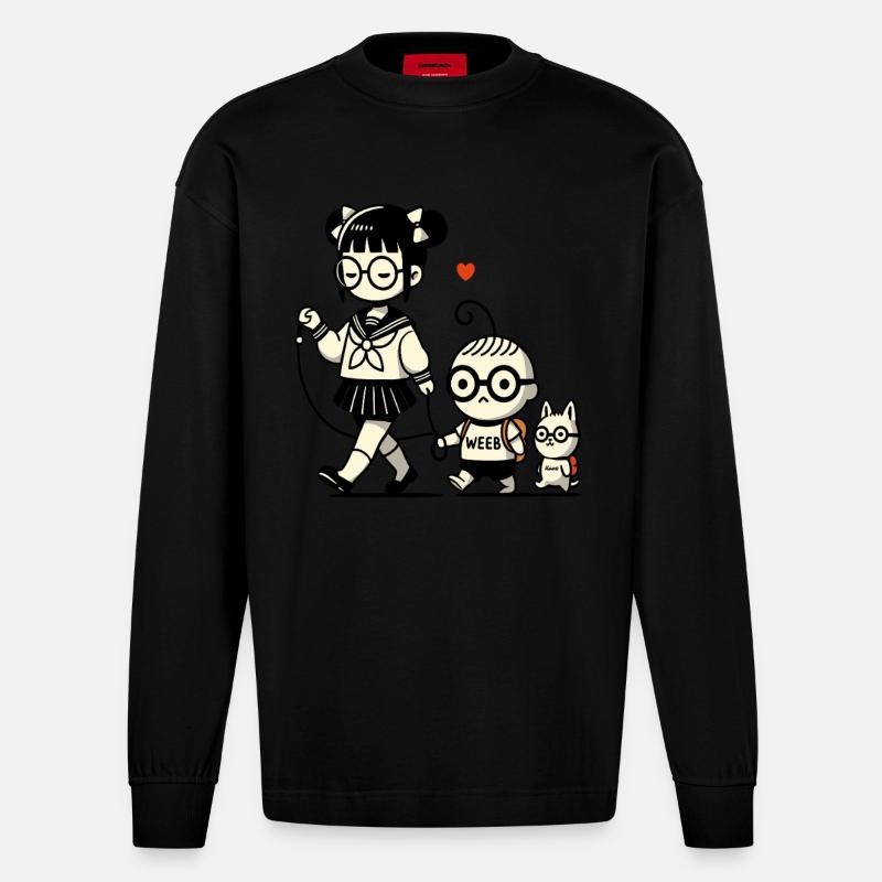 japanisches Schulmädchen, kleiner Brudermit Hund - Heavyweight Oversized Organic Langarmshirt Made in EU - SOLID BLACK