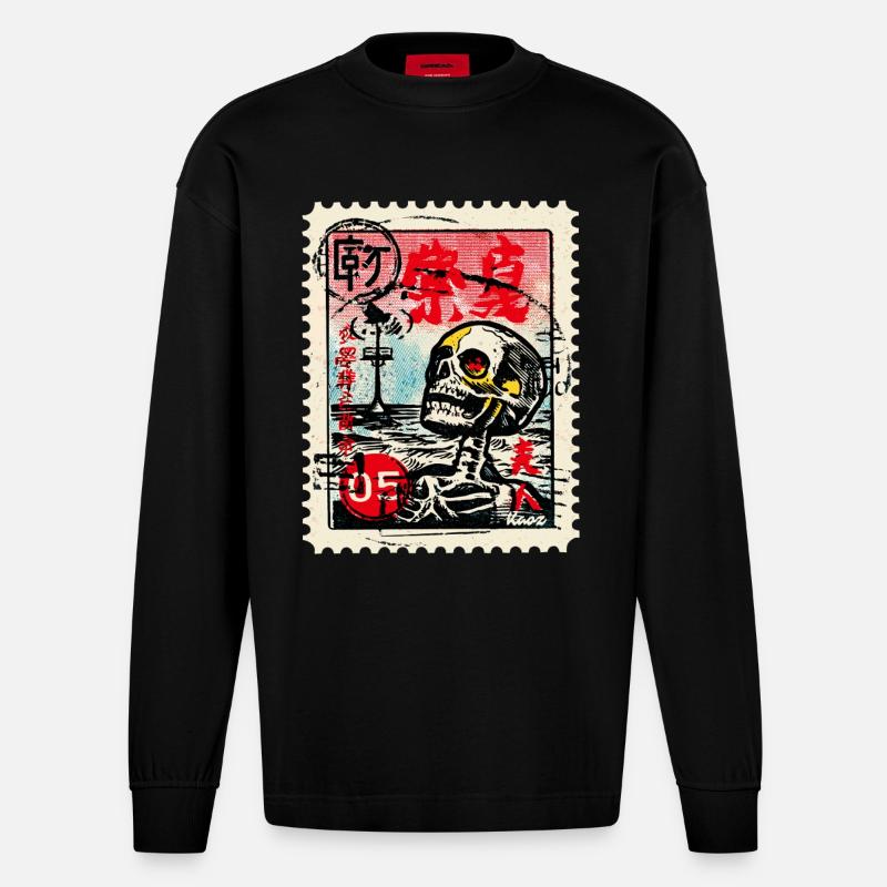 Crâne sur un timbre-poste japonais - Manches longues bio épais oversize fabriqué en UE - SOLID BLACK