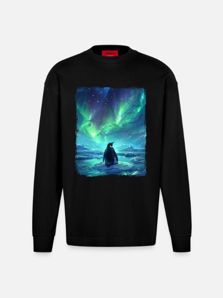 Revontulieläin Aurora Borealis pingviini - Heavyweight Oversized Organic pitkähihainen paita Made in EU - SOLID BLACK