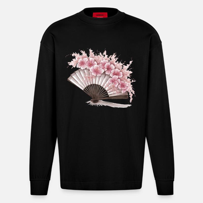 Geblümter japanischer Fächer - Heavyweight Oversized Organic Langarmshirt Made in EU - SOLID BLACK