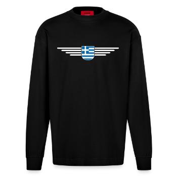I Love Greece Fan, Design T-Shirt Outfit - Heavyweight Oversized Organic Longsleeve Shirt Made in EU - SOLID BLACK - Front