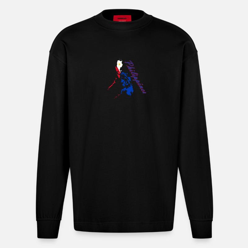 Philippines Flag Map Script - Heavyweight Oversized Organic Longsleeve Shirt Made in EU - SOLID BLACK