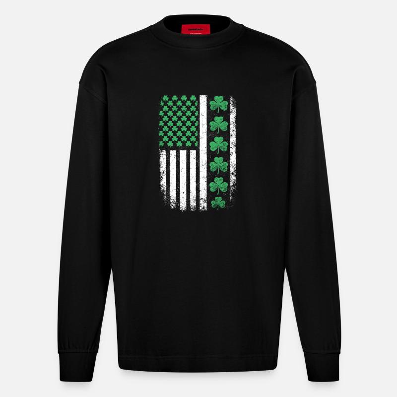 Drapeau américain du Trèfle Saint-Patrick - Manches longues bio épais oversize fabriqué en UE - SOLID BLACK