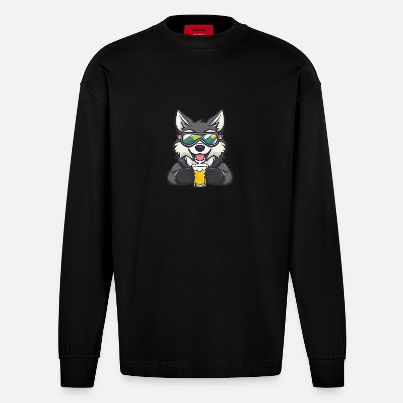 Wolf Apres Ski Bier - Heavyweight Oversized Organic Langarmshirt Made in EU - SOLID BLACK
