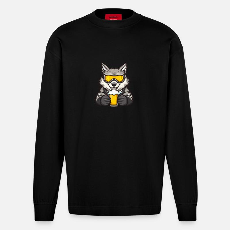 Wolf Après-Ski Bière Bande Dessinée - Manches longues bio épais oversize fabriqué en UE - SOLID BLACK