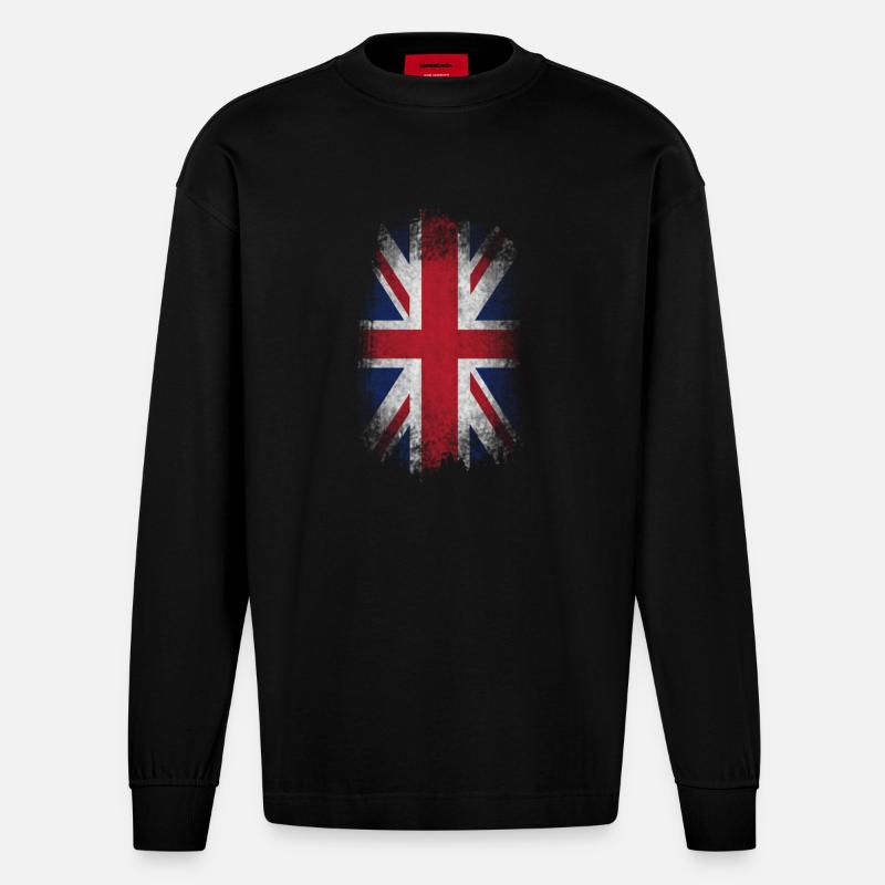 Usé drapeau du Royaume-Uni - Manches longues bio épais oversize fabriqué en UE - SOLID BLACK