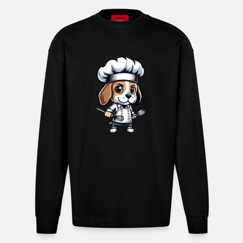 Cute Beagle Chef Comic Design - Heavyweight Oversized Organic Longsleeve Shirt Made in EU - SOLID BLACK