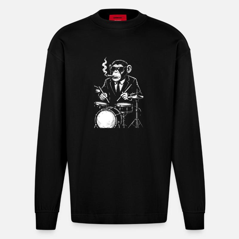 Affe mit Zigarre spielt Trommeln - Heavyweight Oversized Organic Langarmshirt Made in EU - SOLID BLACK