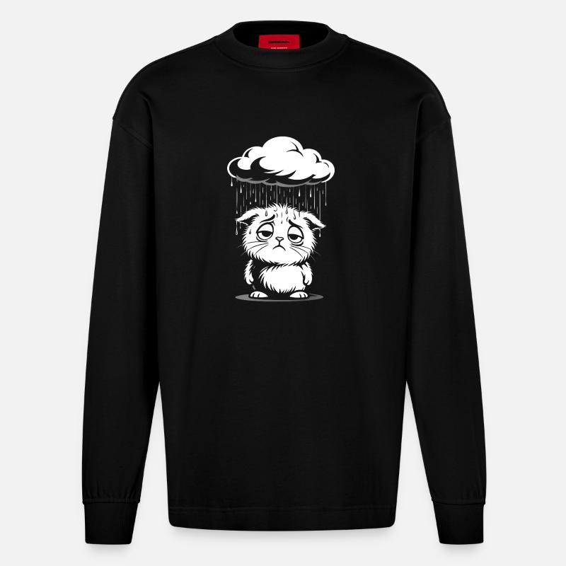 Sad Cat - Retro Comic Kitten - Heavyweight Oversized Organic Longsleeve Shirt Made in EU - SOLID BLACK