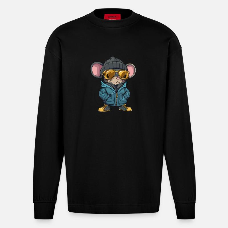 Bande dessinée d’hiver souris - Manches longues bio épais oversize fabriqué en UE - SOLID BLACK