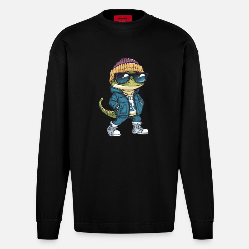Echse Cool Comic - Heavyweight Oversized Organic Langarmshirt Made in EU - SOLID BLACK