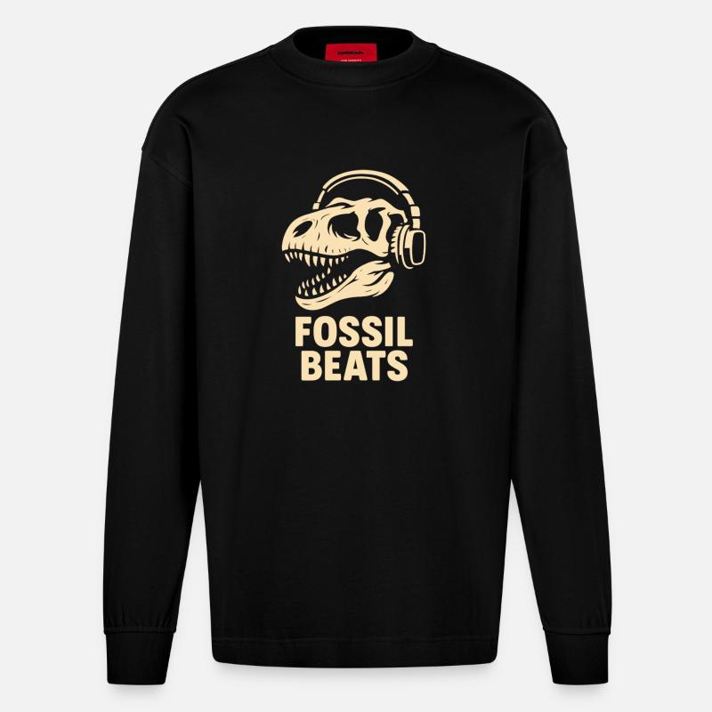 Fossil Beats Dinosaur mit Kopfhörer - Heavyweight Oversized Organic Langarmshirt Made in EU - SOLID BLACK