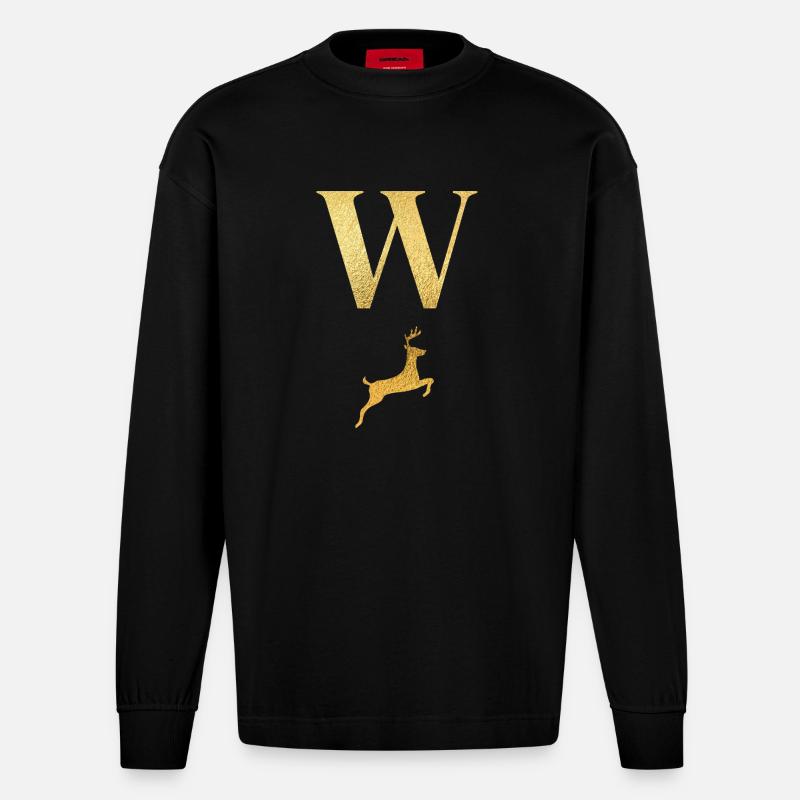 Buchstabe w Goldener Hirsch - Geschenkidee - Heavyweight Oversized Organic Langarmshirt Made in EU - SOLID BLACK
