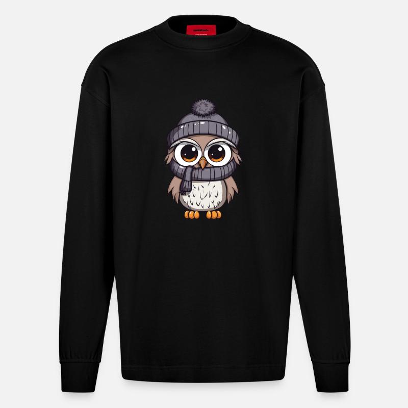 Eule Winter Comic - Heavyweight Oversized Organic Langarmshirt Made in EU - SOLID BLACK