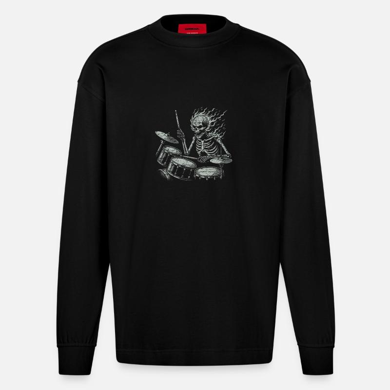 Drummer Skull Skelett am Drumset - Heavyweight Oversized Organic Langarmshirt Made in EU - SOLID BLACK