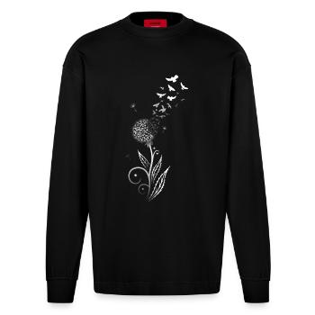 Löwenzahn. Pusteblume mit Vogelschwarm. - Heavyweight Oversized Organic Langarmshirt Made in EU - SOLID BLACK - Vorne