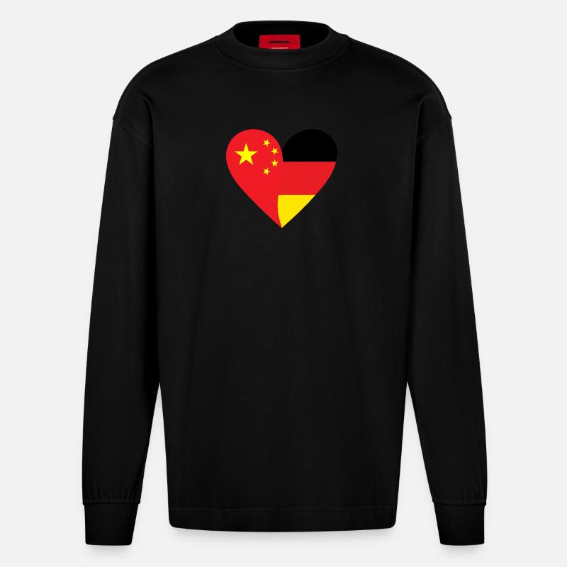 China Germany Heart - Heavyweight Oversized Organic Langarmshirt Made in EU - SOLID BLACK