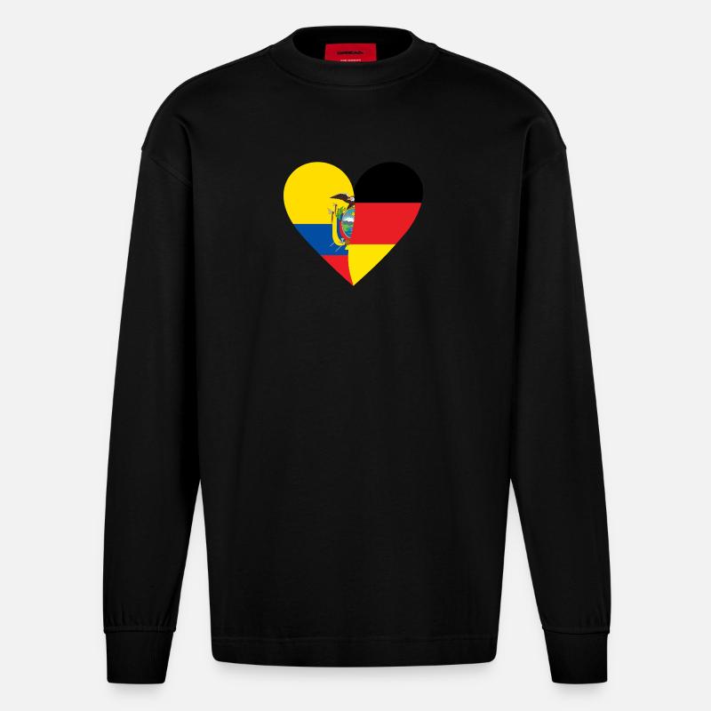 Ecuador Germany Heart - Heavyweight Oversized Organic Langarmshirt Made in EU - SOLID BLACK