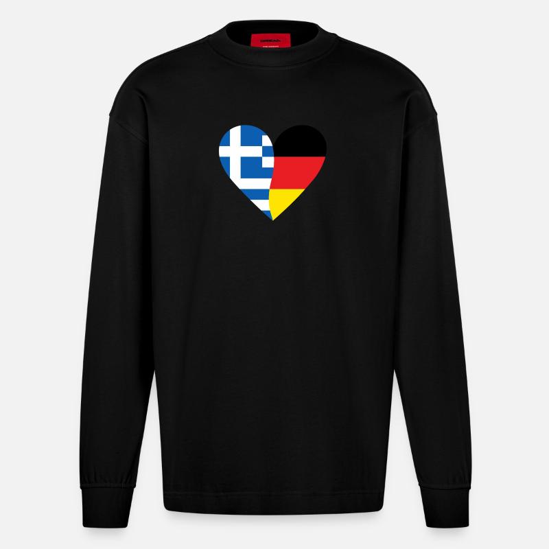 Greece Germany Heart - Heavyweight Oversized Organic Langarmshirt Made in EU - SOLID BLACK