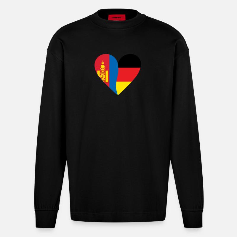 Mongolia Germany Heart - Heavyweight Oversized Organic Langarmshirt Made in EU - SOLID BLACK