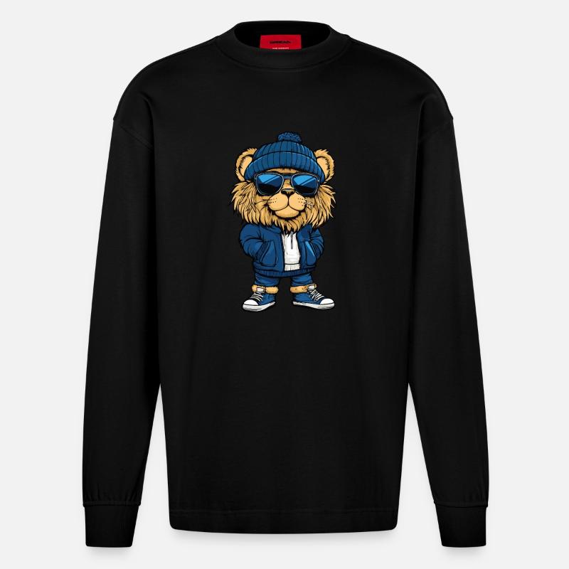 Löwe Cool Comic - Heavyweight Oversized Organic Langarmshirt Made in EU - SOLID BLACK