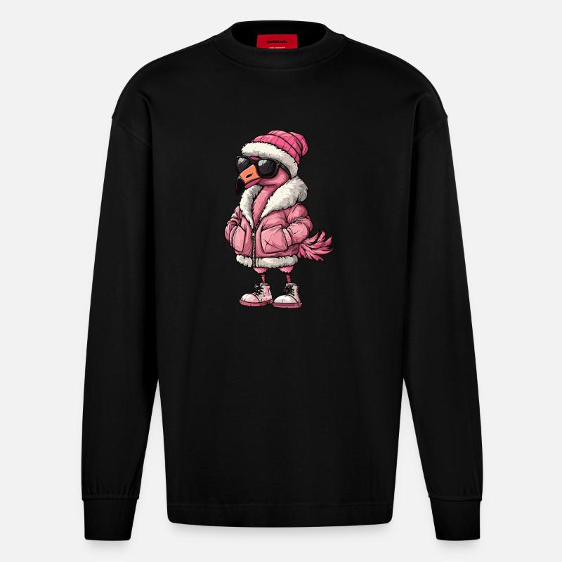 Flamingo Cool Comic - Heavyweight Oversized Organic Langarmshirt Made in EU - SOLID BLACK
