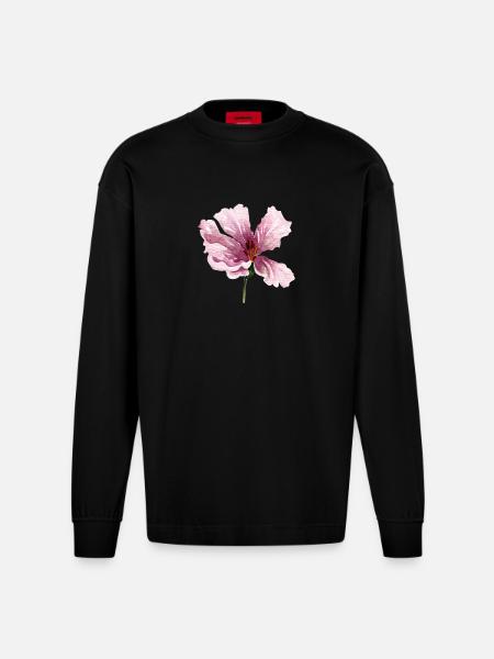 fleur rose - Manches longues bio épais oversize fabriqué en UE - SOLID BLACK