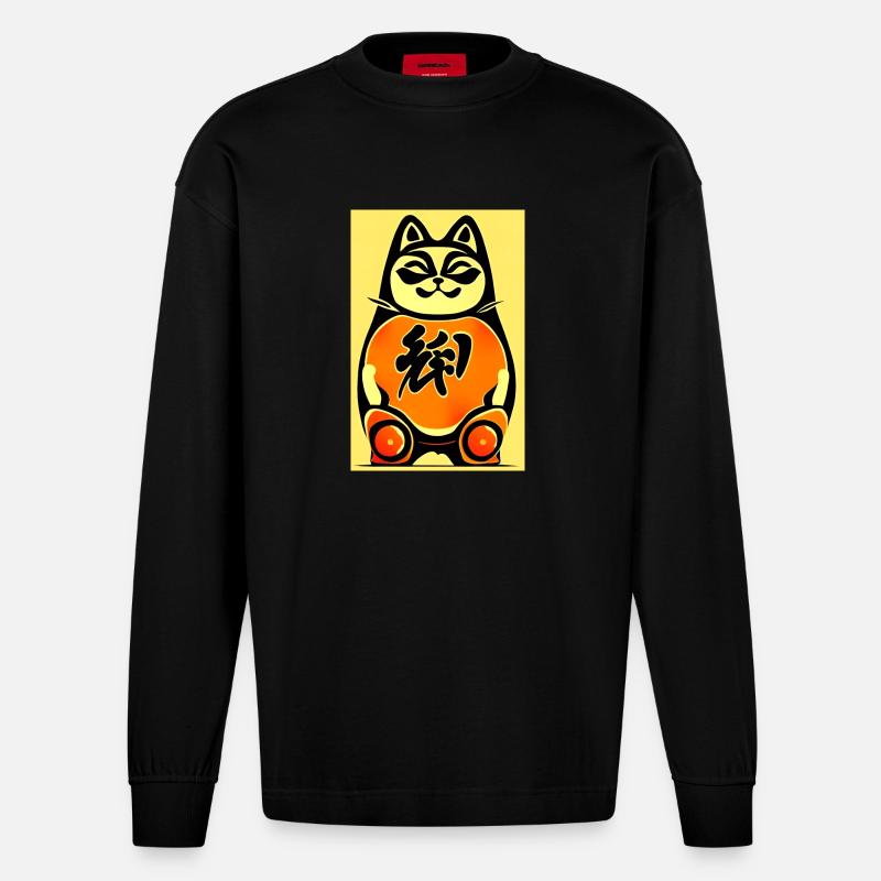 Maneki neko 4 - Heavyweight Oversized Organic Langarmshirt Made in EU - SOLID BLACK