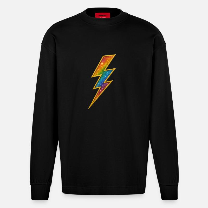 Rainbow Lightning with Gold Frame - Heavyweight Oversized Organic Longsleeve Shirt Made in EU - SOLID BLACK