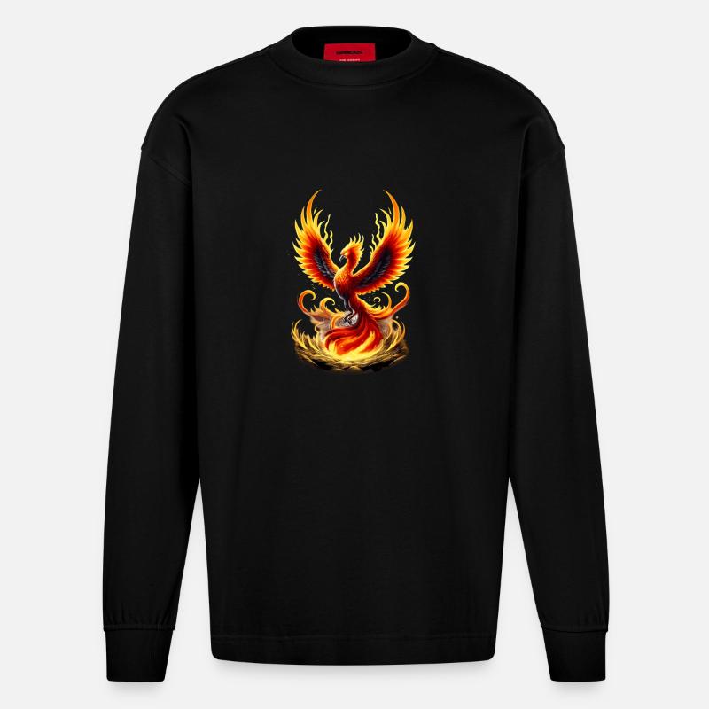Fire Phoenix Flame Vortex - Heavyweight Oversized Organic Longsleeve Shirt Made in EU - SOLID BLACK