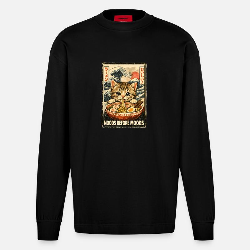Maneki Neko Fortune Ramen - Manches longues bio épais oversize fabriqué en UE - SOLID BLACK