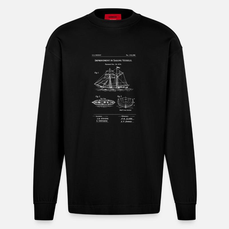 Patentiertes Segelschiff-Bauplan - Heavyweight Oversized Organic Langarmshirt Made in EU - SOLID BLACK