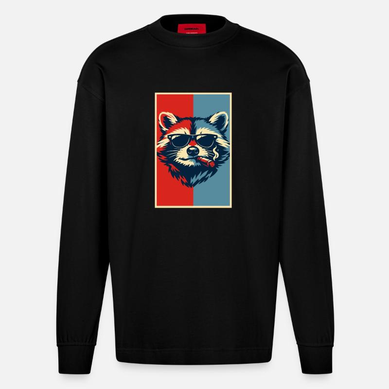 Waschbär-Pop-Art: Sonnenbrillen-Zigarre - Heavyweight Oversized Organic Langarmshirt Made in EU - SOLID BLACK