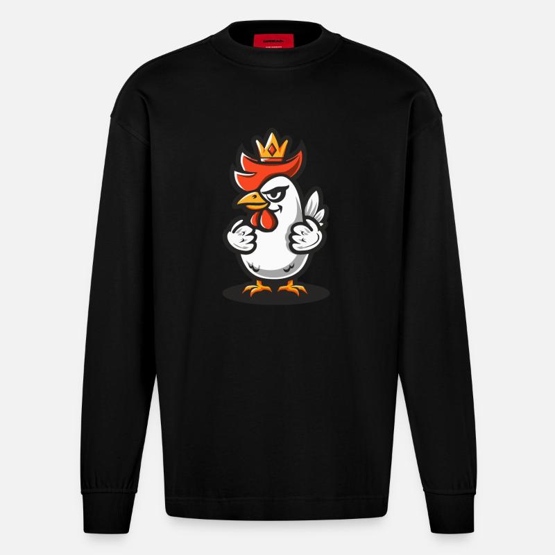 Huhn Comic Krone - Heavyweight Oversized Organic Langarmshirt Made in EU - SOLID BLACK