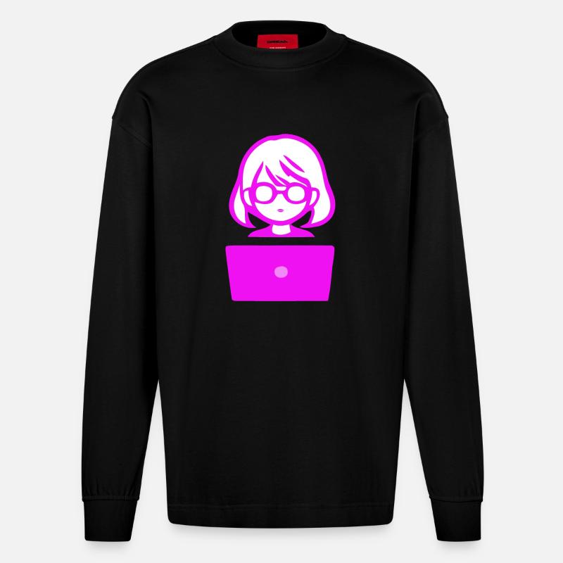 Woman with Computer Programmer Coder - Heavyweight Oversized Organic Longsleeve Shirt Made in EU - SOLID BLACK
