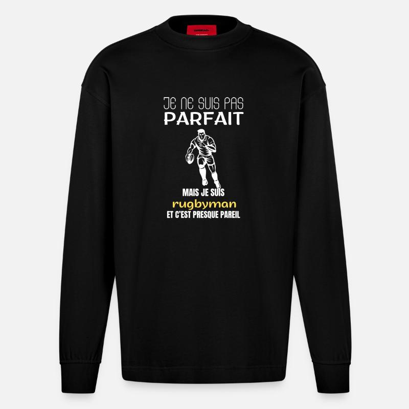 Rugbyspieler, ich bin nicht perfekt. - Heavyweight Oversized Organic Langarmshirt Made in EU - SOLID BLACK