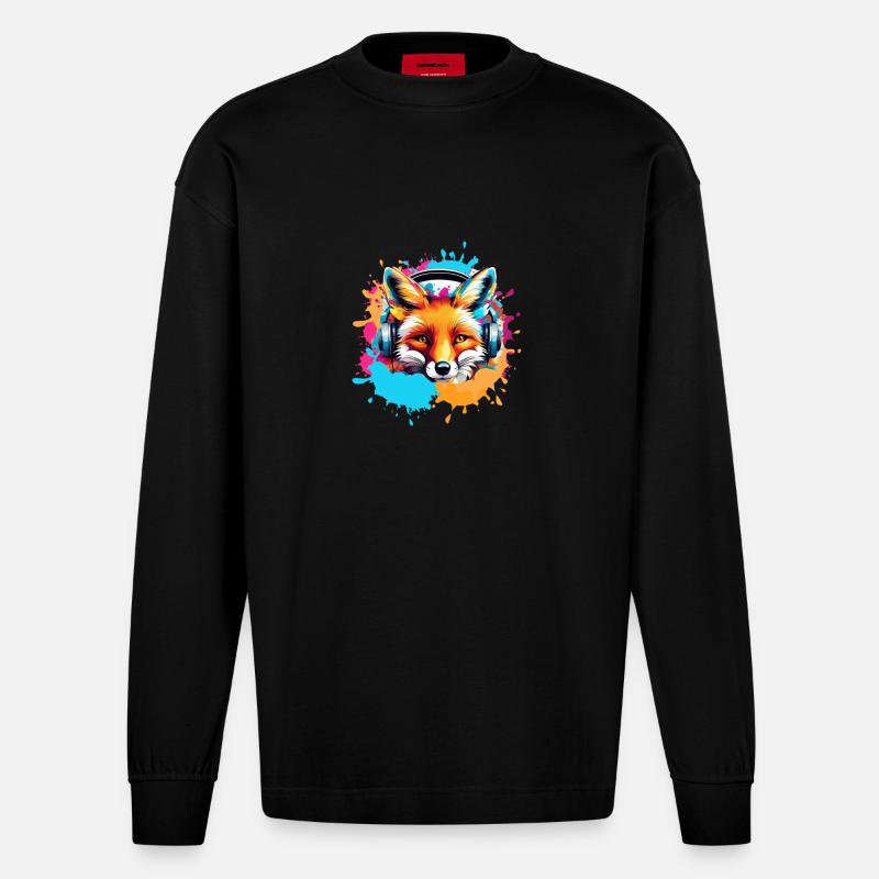 Fuchs,bunt, Malerei,kopfhörer, Graffiti - Heavyweight Oversized Organic Langarmshirt Made in EU - SOLID BLACK