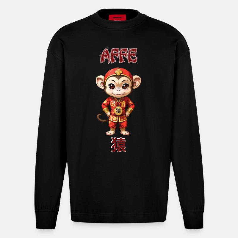Affe - chinesisches Sternzeichen - Astrologie - Heavyweight Oversized Organic Langarmshirt Made in EU - SOLID BLACK