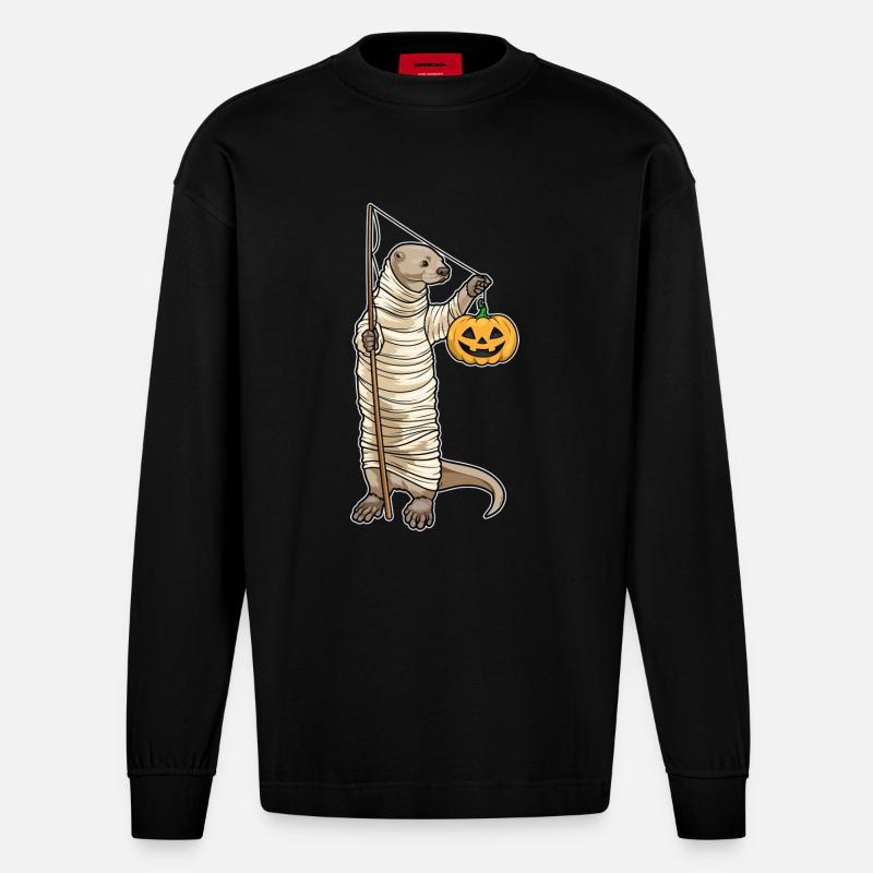 Otter Halloween Fishing - Heavyweight Oversized Organic Longsleeve Shirt Made in EU - SOLID BLACK