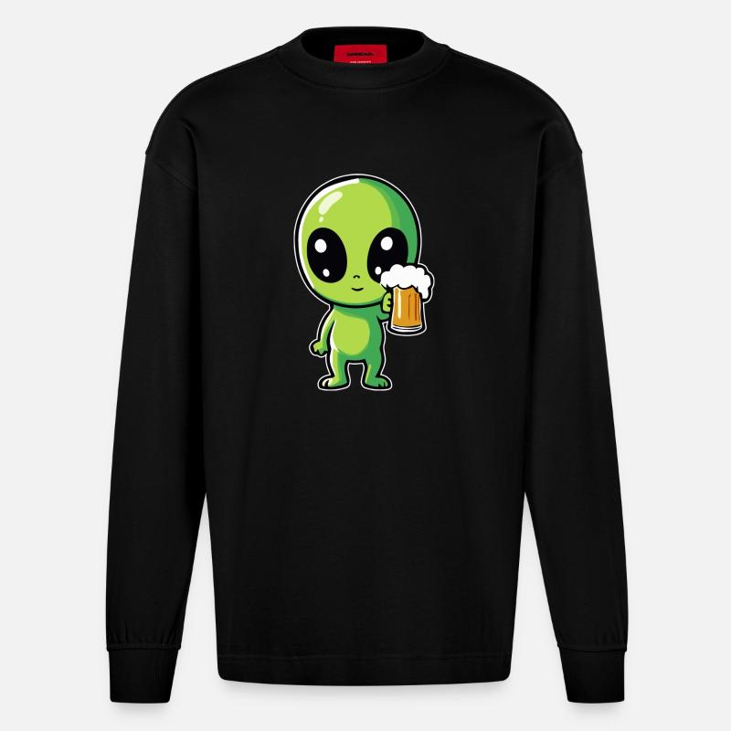 Alien mit Bier - Heavyweight Oversized Organic Langarmshirt Made in EU - SOLID BLACK