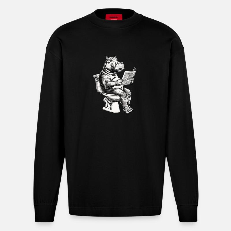 Lachendes Nilpferd mit Zeitung - Heavyweight Oversized Organic Langarmshirt Made in EU - SOLID BLACK