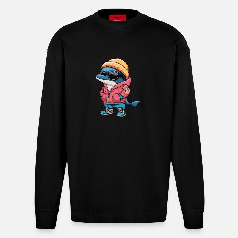 Delfin Winter Comic - Heavyweight Oversized Organic Langarmshirt Made in EU - SOLID BLACK
