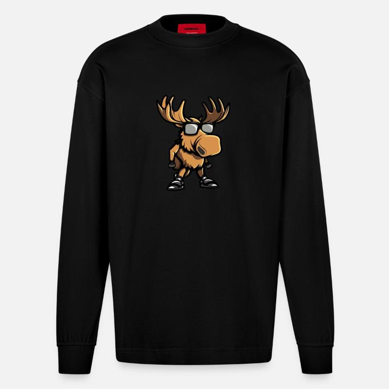 Elch Cool Comic - Heavyweight Oversized Organic Langarmshirt Made in EU - SOLID BLACK
