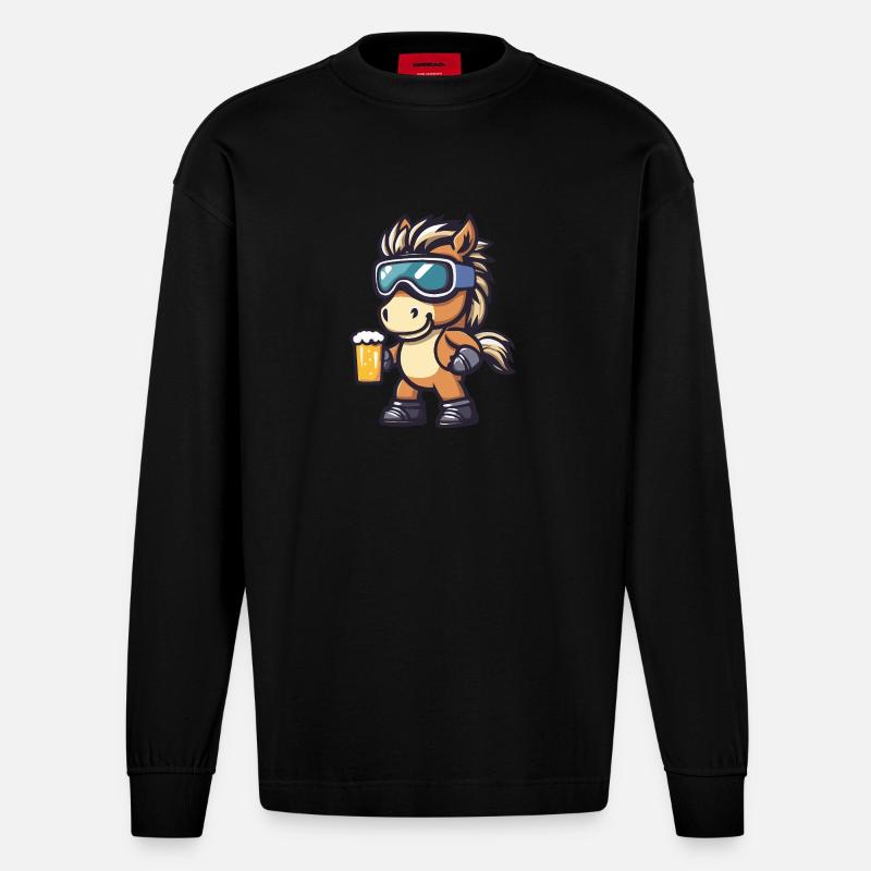 Pferd Apres Ski Bier Comic - Heavyweight Oversized Organic Langarmshirt Made in EU - SOLID BLACK