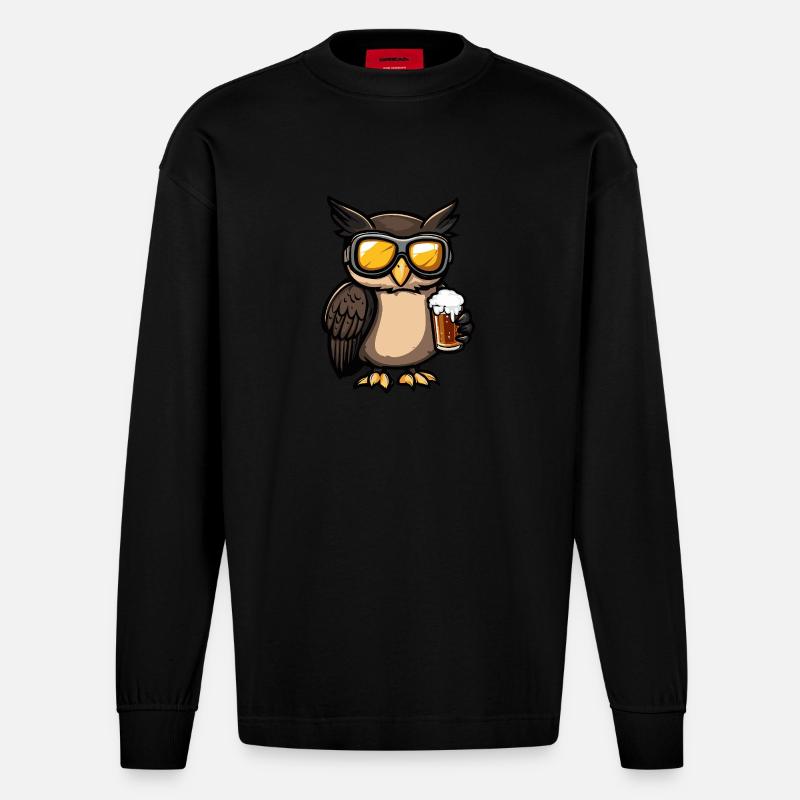 Eule Apres Ski Bier Comic - Heavyweight Oversized Organic Langarmshirt Made in EU - SOLID BLACK