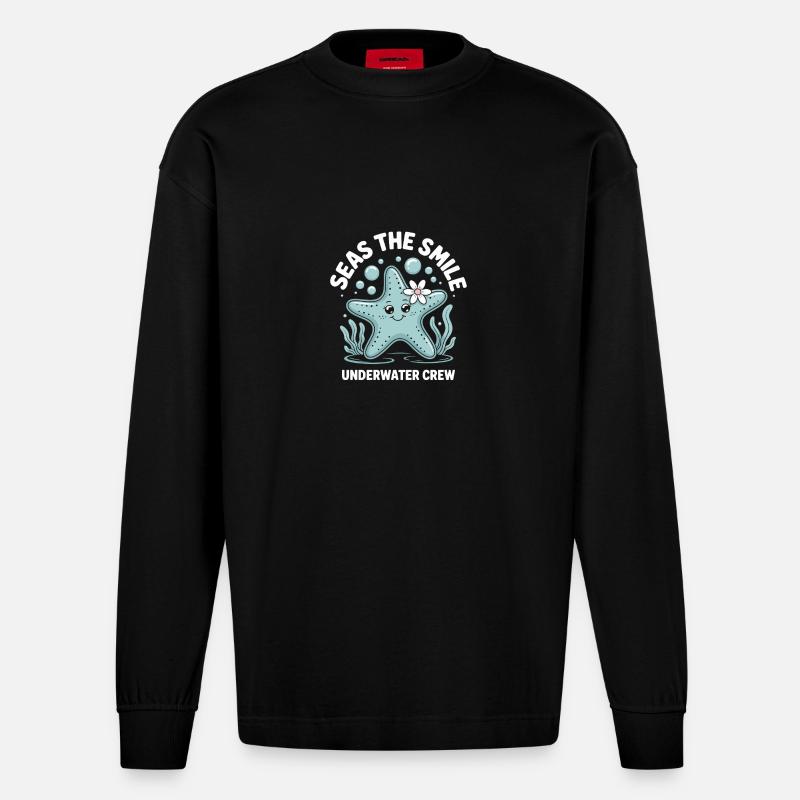 Süßes Seestern Design - Heavyweight Oversized Organic Langarmshirt Made in EU - SOLID BLACK